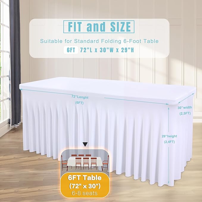 1 Pack White Tableclothes for 6 Foot Rectangle Tables, Wrinkle Resistant Fitted Table Cloth Stretch Spandex Table Covers with Skirt for Event Banquet Wedding Birthday Party