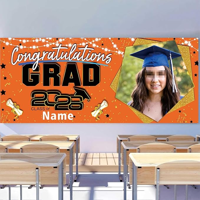Custom Garaduation Garage Door Banner Cover 16 x 7 ft Class of 2026 Congrats Grad Party Backdrop Personalized Graduation Decoration(Orange and Black)
