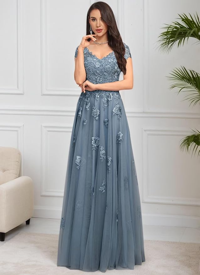 Mother of The Bride Dresses Sleeve Laces Applique V Neck Evening Gowns Cap Sleeves Grandmother of The Groom Dress