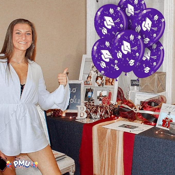 PMU 100 Pcs Purple Graduation Balloons Class of 2025 with All-Over Print White Grad Caps-Confetti and Streamers | Graduation Party Supplies | Congratulations Grad Latex Balloons Latex