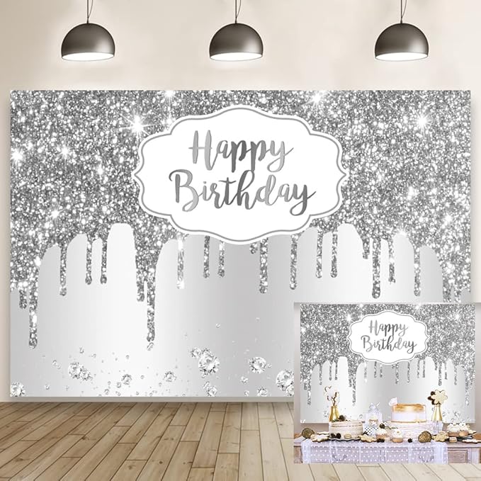 12x8ft Happy Birthday Backdrop Silver Glitter Sparkle Sequins Luxury Dreamlike Photography Background for Elegant Woman Girly Birthday Party Banner Decor Video Shooting Vinyl Studio Props