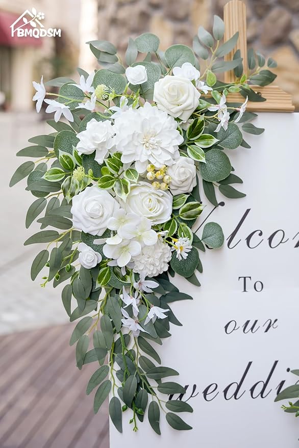 Wedding Welcome Signs Floral(Pack of 2)，Wedding Arch Flowers for Wedding Decorations and Reception Backdrop Decoration (New White)