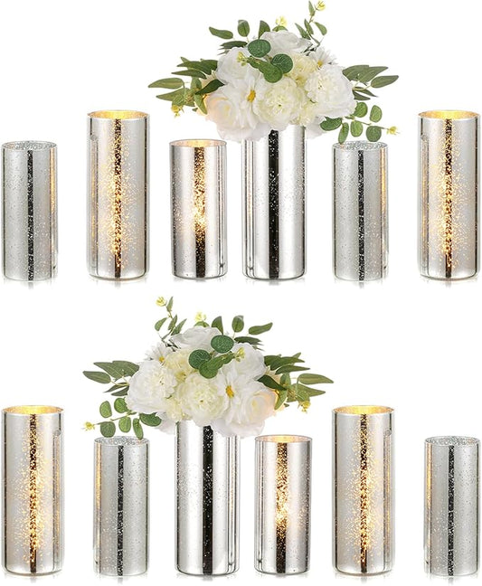 Glass Cylinder Vases Set of 12, Hewory Glittery Silver Vase for Centerpieces, Glass Hurricane Candle Holders for Pillar Floating Candle, Round Tall Vase for Wedding Anniversary Events Home Table Decor