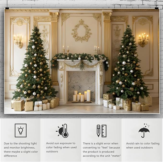 YongFoto Christmas Fireplace Backdrop 12x8ft Room Christmas Trees Classic Retro Wall Photography Background New Year Xmas Eve Family Winter Holiday Party Banner Photoshoot Wallpaper Photo Booth