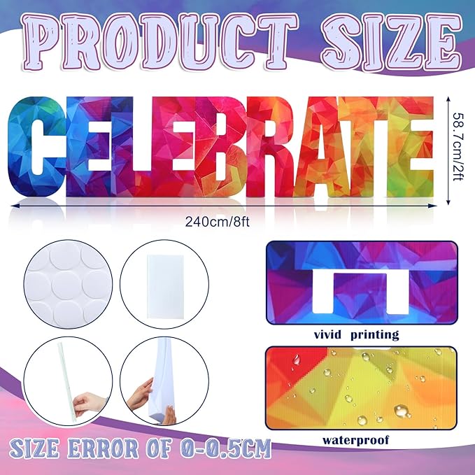 Bucherry 8ft Rainbow Celebrate Letter Cardboard Cutout Stand up Life Size Themed Party Decoration Backdrop Photo Props Standup for Birthday Prom Awards Ceremony Party Supply