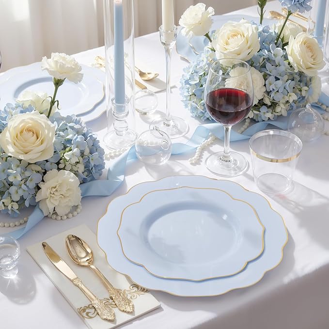 NOCCUR 175PCS Blue Plastic Plates with Gold Disposable Silverware - Include 50 Light Blue and Gold Plastic Plates,25 Knives,25 Forks,25 Spoons,25 Cups and 25 Napkins - Ideal for Shower/Spring Party