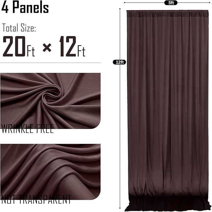 gogoparti 20x12ft Brown Backdrop Curtain for Wedding Parties, 4 Panels (5x12 ft Each) Wrinkle-Free Dackdrop Curtains, Silky Draping Fabric for Birthday Party, Baby Shower, Photo Background