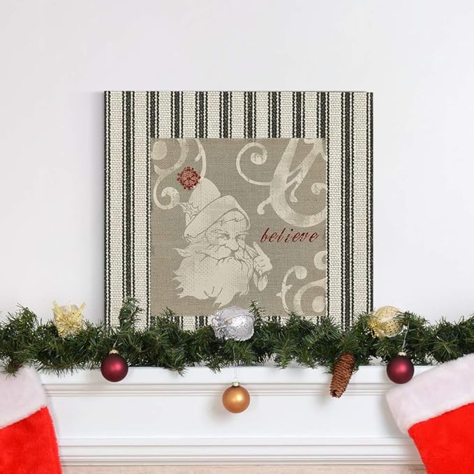 Renditions Gallery Believe Santa Claus Wall Art, Christmas & Winter Decor, Cream & Red, Striped Fabric Look, Premium Gallery Wrapped Canvas, Ready to Hang, 40 in H x 40 in W, Made in America