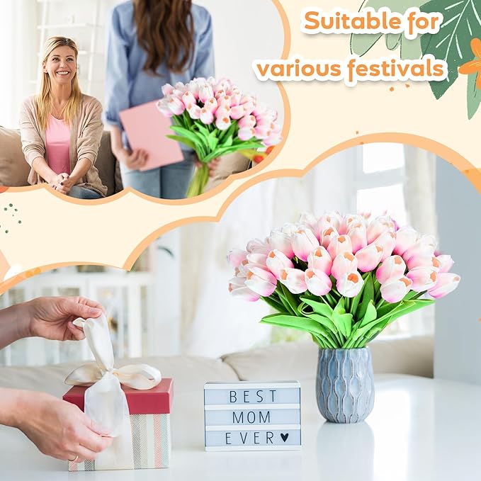 Jexine 100 Pcs Artificial Real Touch Tulips Fake Artificial Tulip Flower Bulk Bouquet with Stem for Table Centerpieces Wedding Bridal Easter Mother's Day Garden Home Decor, 13.4''(Light Pink)
