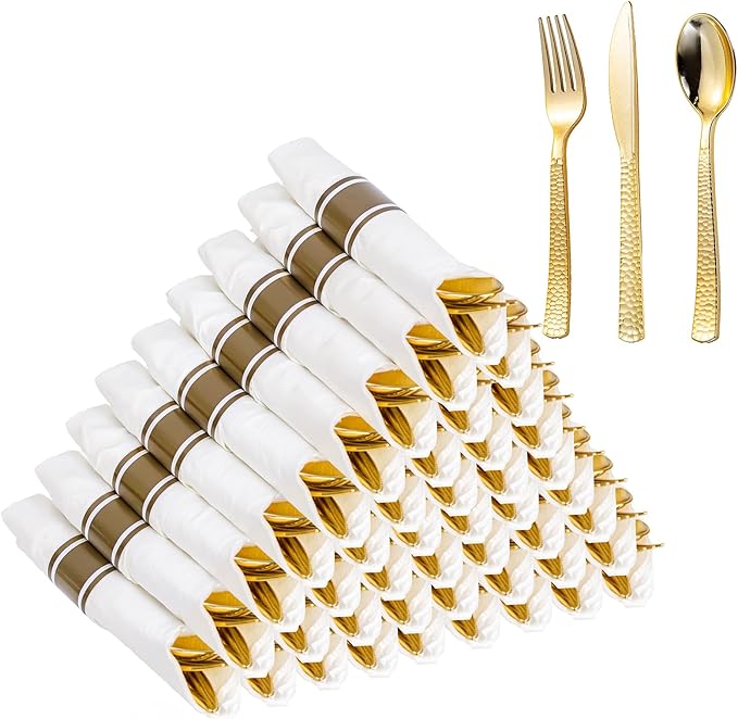 WELLIFE 75 Pack Gold Plastic Cutlery,Pre Rolled Silverware Set Disposable,Gold Disposable Utensils,Includes: 75 Forks, 75 Knives, 75 Spoons, 75 Napkins, Plastic Silverware