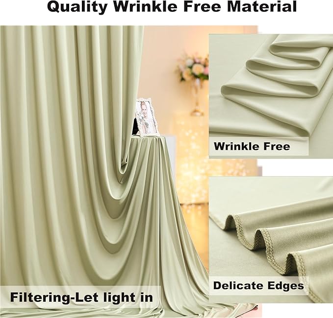 20ft x 10ft Wrinkle Free Sage Green Backdrop Curtains for Parties Weddings, 4 Panels 5×10ft Soft Silk Polyester Photo Backdrop Drapes for Birthday Baby Shower Photo Photography Background Cloth