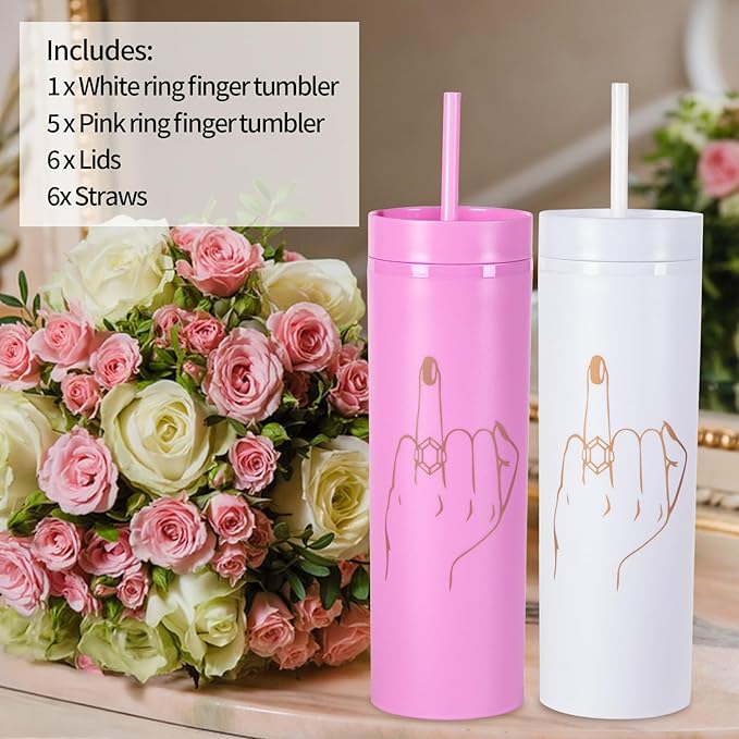 6 Pack Ring Finger Skinny Tumblers| 16 oz Bachelorette Party Cups.Engagement Wedding Gifts.Bridesmaid Proposal Gifts.Bridal Shower Gifts.Bride Bridesmaids Bridal Party Tumblers Cups(Pink).