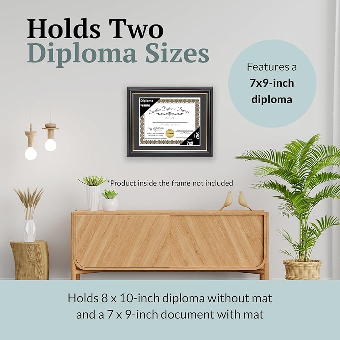 Creative Picture Frames 7" x 9" Rockefeller Black with Gold Rim Diploma Frame, Displays 7" x 9" Certificate or 8" x 10" Document without Mat, College Degree Frame, Full-Strength Glass, Black Mat