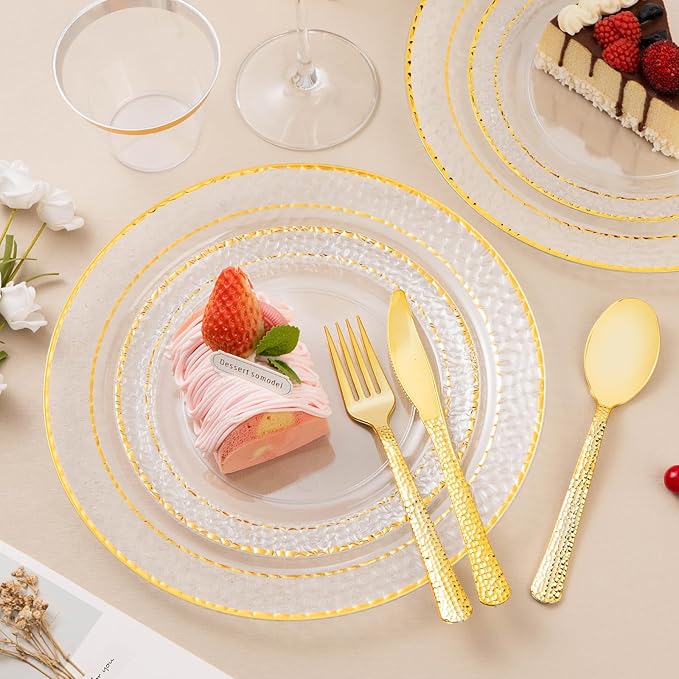 175PCS Clear Plastic Plates with Gold Trim for 25 Guests, Disposable Dinnerware Set for Party & Wedding, Includes 50 Plastic Plates, 25 Pre Rolled Napkins with Gold Silverware, 25 Cups