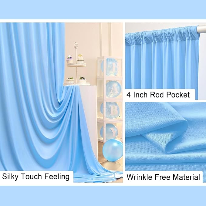10 ft x 10 ft Wrinkle Free Baby Blue Backdrop Curtains for Baby Shower Parties, Polyester Light Blue Photo Backdrop Drapes for Birthday Wedding Party Gender Reveal Photography