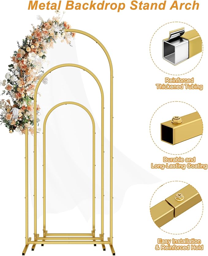 Wingedbird 3 Pack Gold Metal Arch Backdrop Stand – 4FT 5FT 6FT Balloon Arch Frame for Weddings, Easy Assembly, Indoor Outdoor Use, with Storage Bag, Durable Metal Construction
