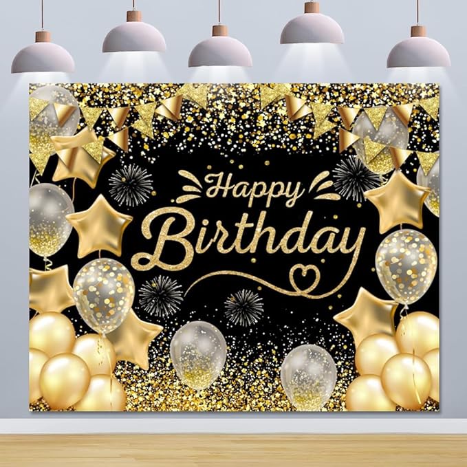 Black Gold Happy Birthday Backdrop 10x8ft for Men Women Boys Girls Birthday Party Banner Decorations with Glitter Star Photo Background Large Wall Decor Props