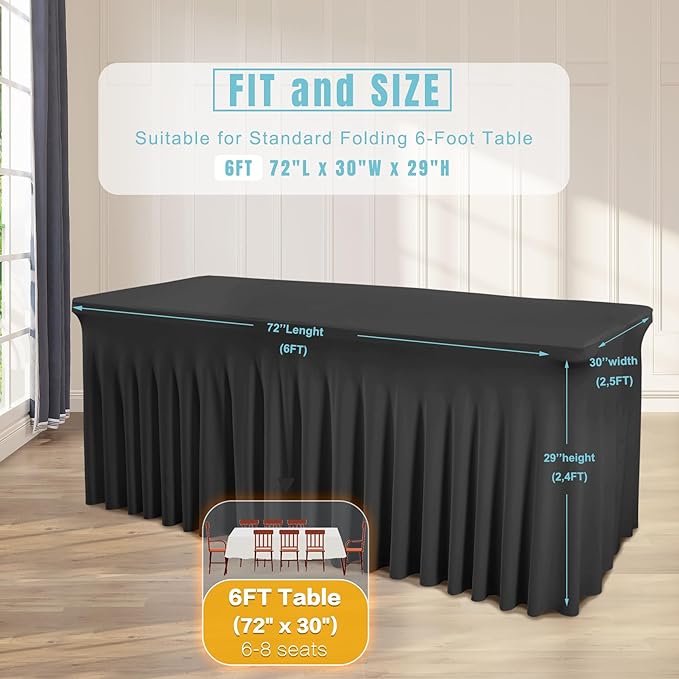 4 Packs Black Table Clothes for 6 Foot Rectangle Tables, One-Piece Wrinkle Resistant Stretch Spandex Table Covers with Skirt for Event Banquet Wedding Birthday Party