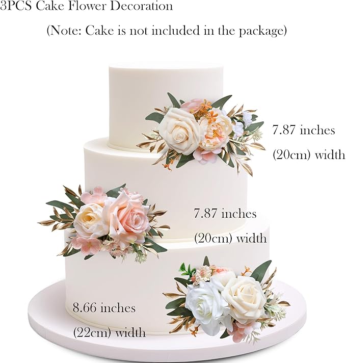 Marriwise 3Pcs Pre-made Cake Toppers Flowers, Champagne Wedding Cake Decoration,Artificial Flowers Decor for Wedding Ceremony Anniversary,Birthday Party,Outdoor Forest (Champagne)