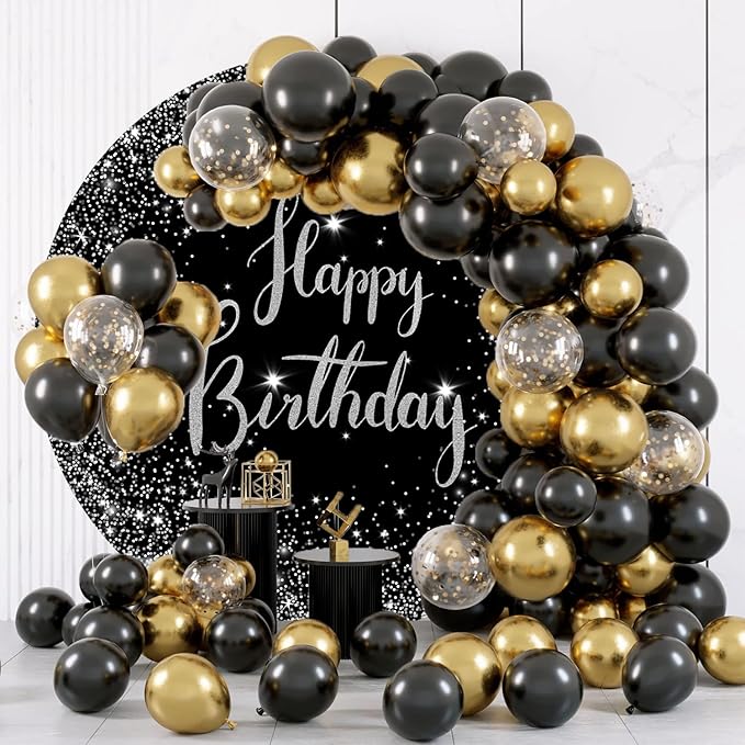 7.2ft Happy Birthday Round Backdrop Cover Black and Silver Birthday Circle Photography Background Glittering Stars Diamonds for Women Man Boys Girls Baby Birthday Party Decoration Photo Props