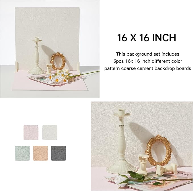 5PCS Photography Backdrop Boards with 4 Brackets, 16x16 Inch Coarse Sand Backdrop Board for Food Jewelry, Cosmetics and Ornaments Shooting