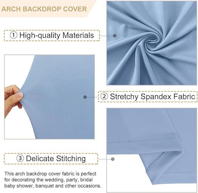 Arch Backdrop Stand and Cover Set of 3 4FT 5FT 6FT Wedding Arch Frame with Dusty Blue Spandex Fitted Arch Cover Balloon Arch Stand with Arches Cover for Wedding Birthday Graduation Decor