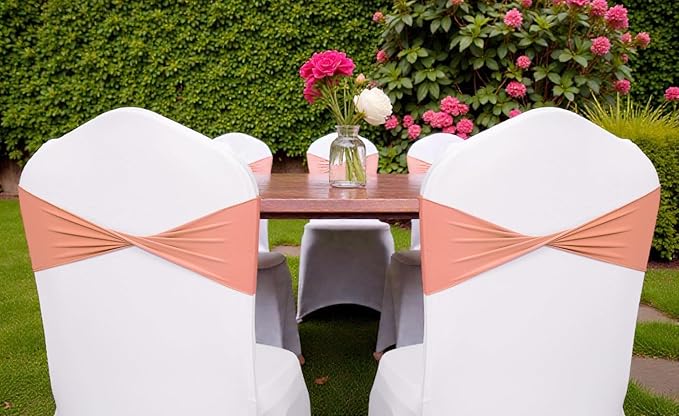 VDS Pack of 150 PCS | Coral Peach | Spandex Chair Sashes Bows Without Buckle | Stretch Elastic Banquet Universal Folding Chair Band Tie with for Wedding Party Conference Celebration Event Decoration