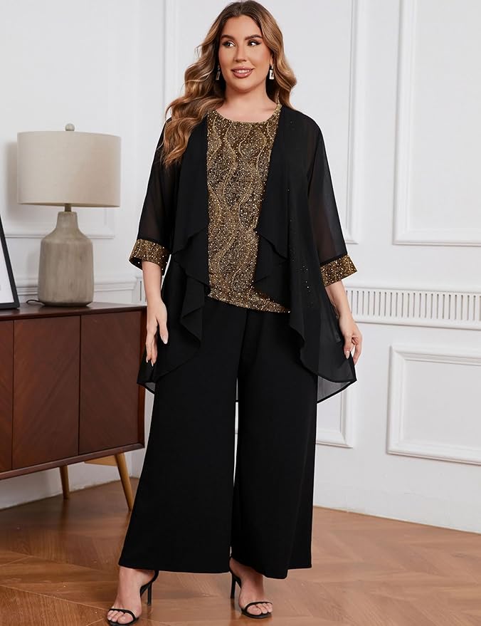 ZOMVA Plus Size 3 Piece Formal Pantsuit Sparkly Chiffon Jacket Set Dressy Outfit Mother of The Bride Groom Wedding Cocktail