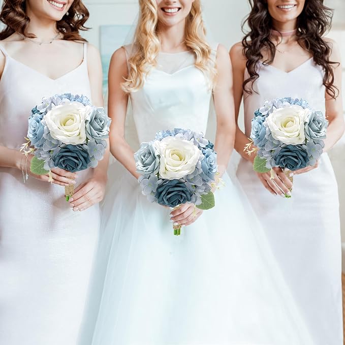 Artificial Bridesmaids Bouquets Set of 2 - 7 inch Silk Rose Bouquets for Bridesmaids, Pre-made Bridesmaid Flowers Small Bouquet for Wedding Vintage Country Bridal Shower Decorations -Dusty Blue