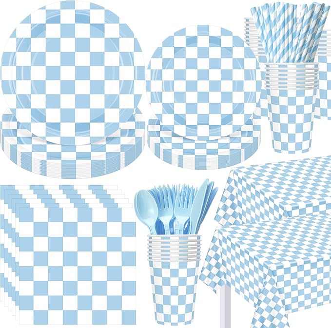 452 Pcs Light Blue and White Checkered Party Supplies for 50, Blue Checkered Gingham Paper Plates Napkins Cups Tablecloth Cutlery Straws for Picnic Camping Birthday Baby Shower Decoration