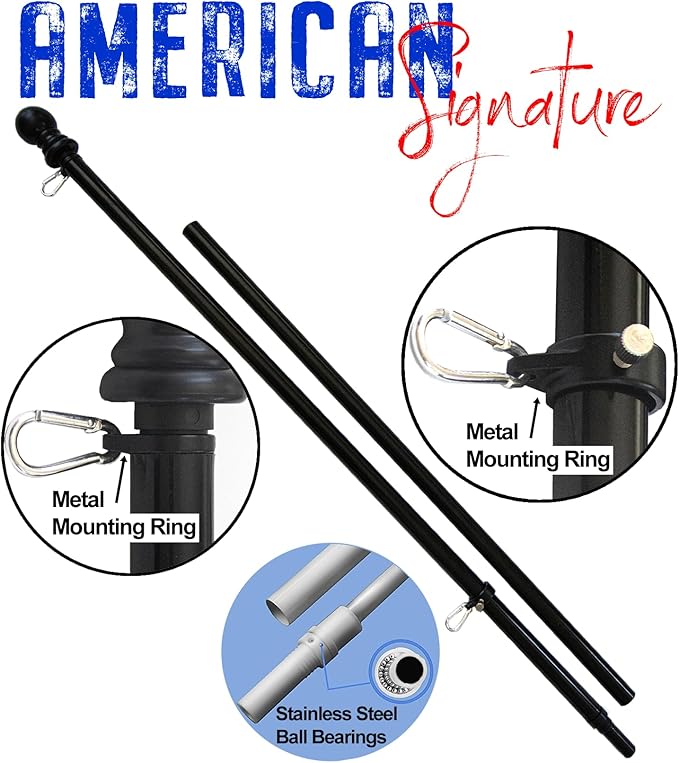 American flag and pole kit set: Includes a 3x5 ft Embroidered US flag made in USA, 6 ft aluminum tangle free spinning flag pole with carabiners, and flagpole holder wall mount bracket (Black)