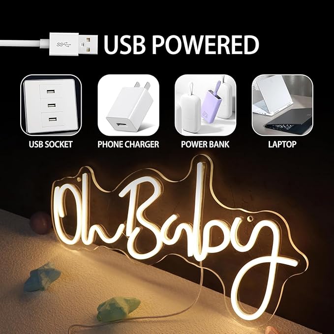 Oh Baby Neon Sign for Backdrop Wall Decor LED Neon Lights for Baby Shower Decorations Boy and Girl Baby Room Decor LED Light Up Sign for Party Decorations Photo Prop USB 21.7x10 Inch (warm white)