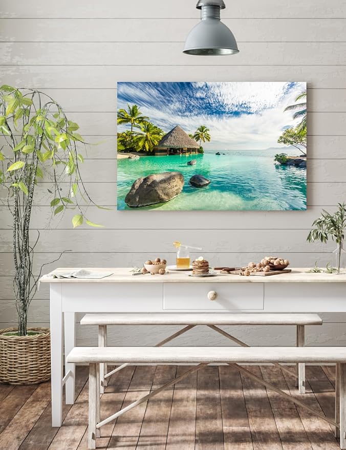 IPIC - "Tropical Memories Personalized Canvas Wall Art, Custom Beach Canvas Print with Name and Date on Rock, A Personalized Gift for Couple, Wedding, or Anniversary, Coastal Home Decor