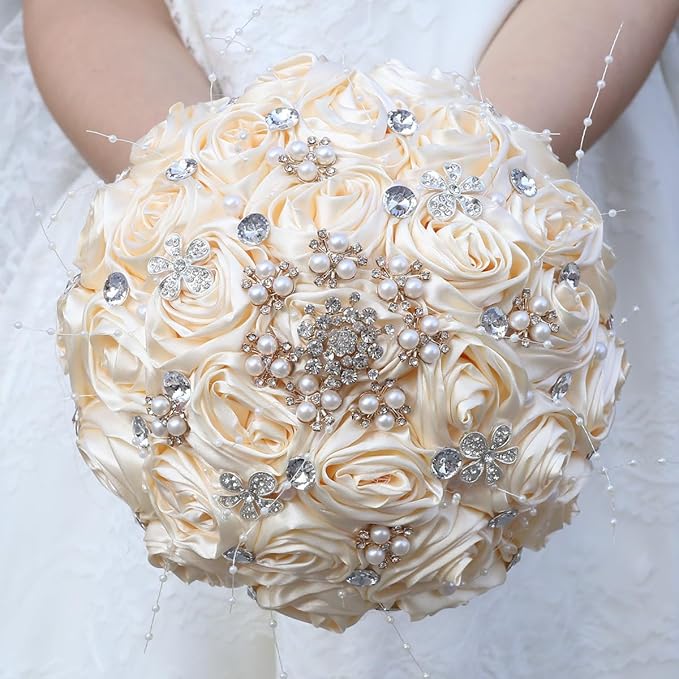 Bridal Wedding Bouquet for Bride Bridesmaid Wedding Quinceanera Throw Toss Artificial Rose Flower Bunch with Bling Brooch (6C#Apricot, Medium (Dia. 8.7"/22cm))