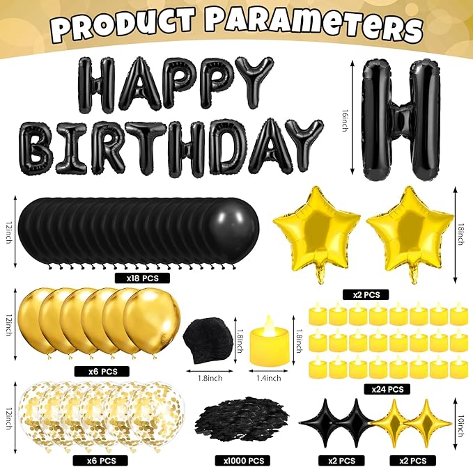 Black Gold Happy Birthday Balloons Decorations Black and Gold Birthday Balloon Letters Banner with 6 Pcs Star Balloons Black Artificial Rose Petals 24 Flameless LED Candles for Room Hotel Party Decor