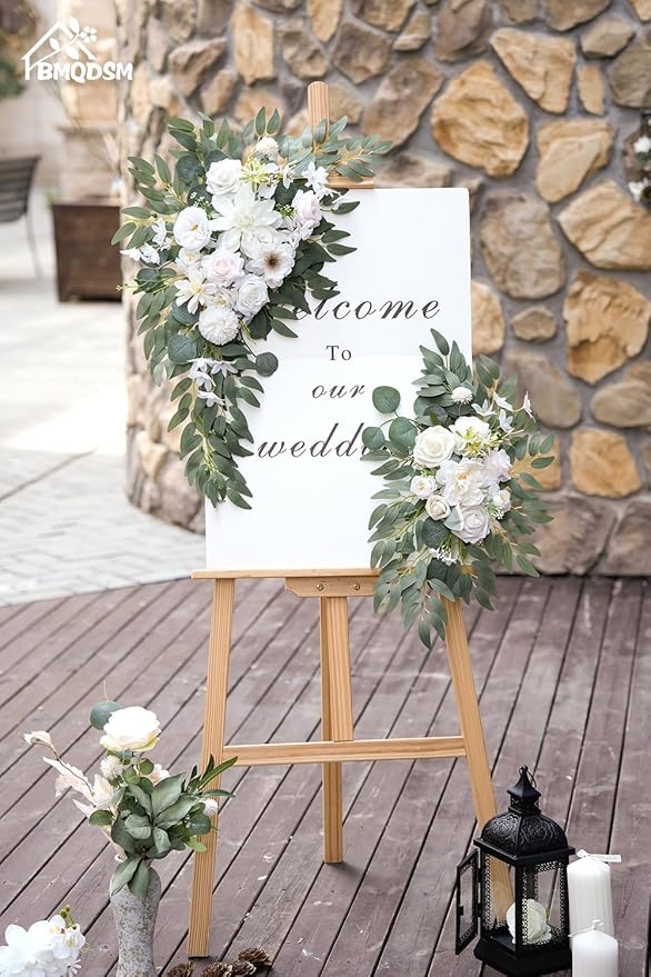 Wedding Arch Faux Flowers Set of 2 Wedding Welcome Sign for Wedding Decor Ceremony and Reception Backdrop Decoration (White)