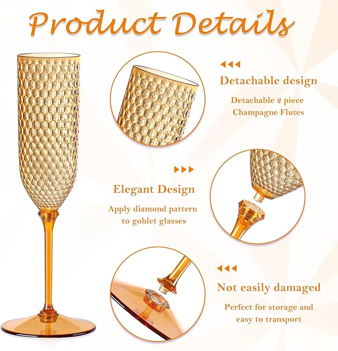 XUWAIDSGN 24 Pack Brown Detachable 2 piece Champagne Flutes 5.5 Oz Unbreakable Plastic Mimosa Disposable Champagne Glasses Drinking Cups Stemmed Reusable Wine Toasting Glasses for Wedding (24, Brown)