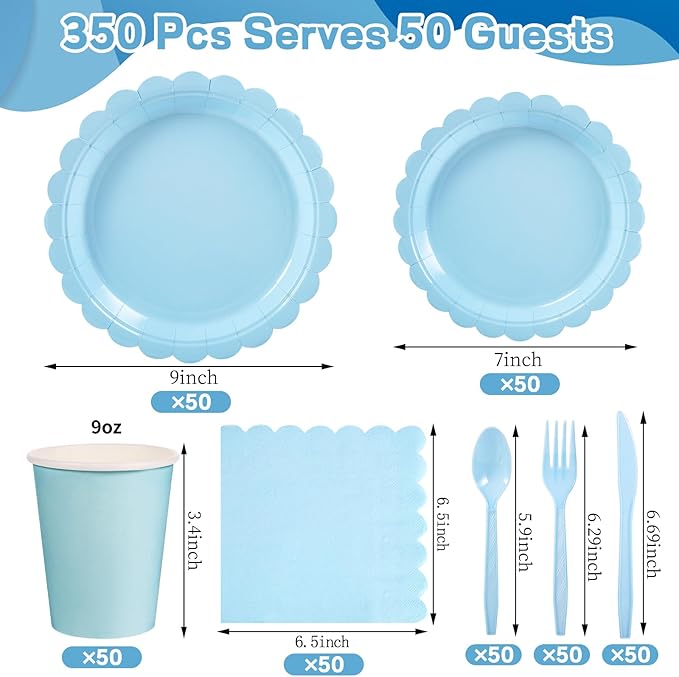 350 Pcs Light Blue Paper Plates and Napkins, Boy Baby Shower Decorations Include Baby Blue Scalloped Plates Napkins Cups Plastic Spoons Forks Knives for Bridal Shower,Wedding,Birthday