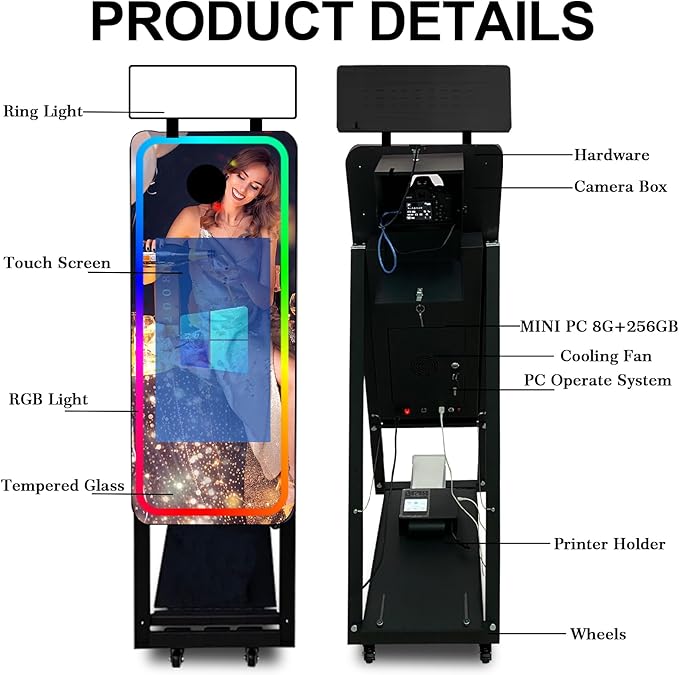 Magic Mirror Photo Booth,Mirror Photo Booth Interactive Touch Screen with Flight Case, Built-in Mini PC with Instant Print and Sharing for Event Party Wedding Rental (Black, 21.5''Screen+Printer)