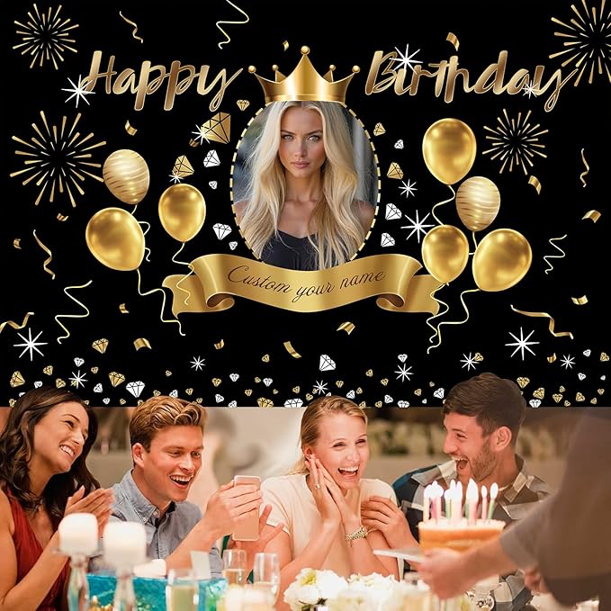 Custom Black Gold Crown Happy Birthday Banner Backdrop Personalized Happy Birthday Golden Balloon Diamond Backgroud Party Indoor Outdoor Car Decoration Supplies for Man Women (6x9ft)