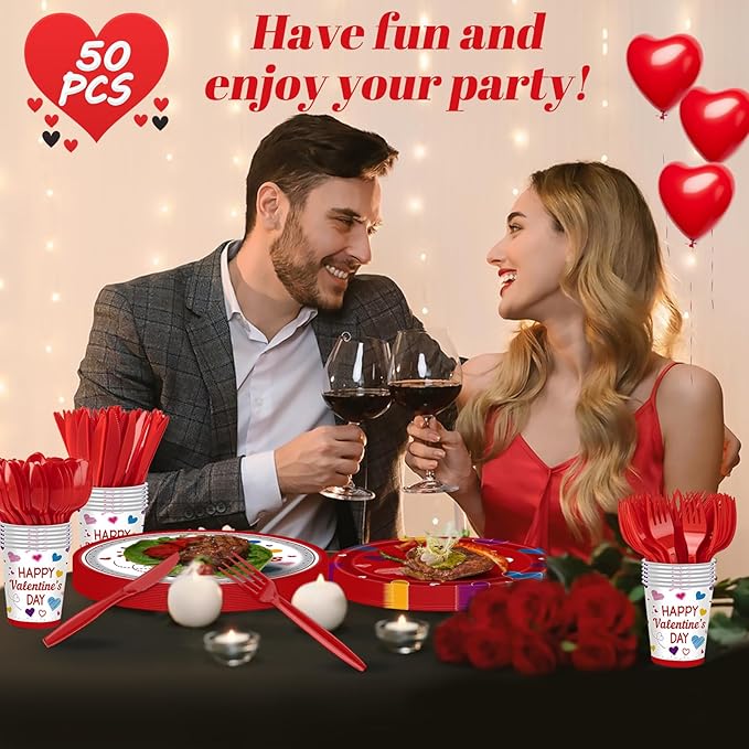350PCS Valentine's Day Party Supplies for 50 Guests-Valentine's Day Party Decorations Include Disposable Paper Plates, Napkins, Cups, Tableware