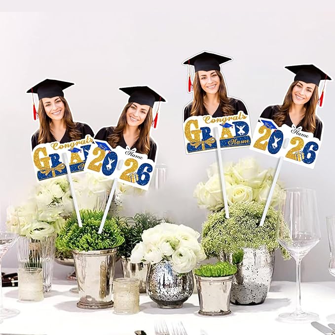 Personalized Graduation Face Fan 2026 Grade Custom Double Sided Face Cutout Fan with Handle Photo Booth Prop Party Supplies(B-Blue and Gold,24pcs)