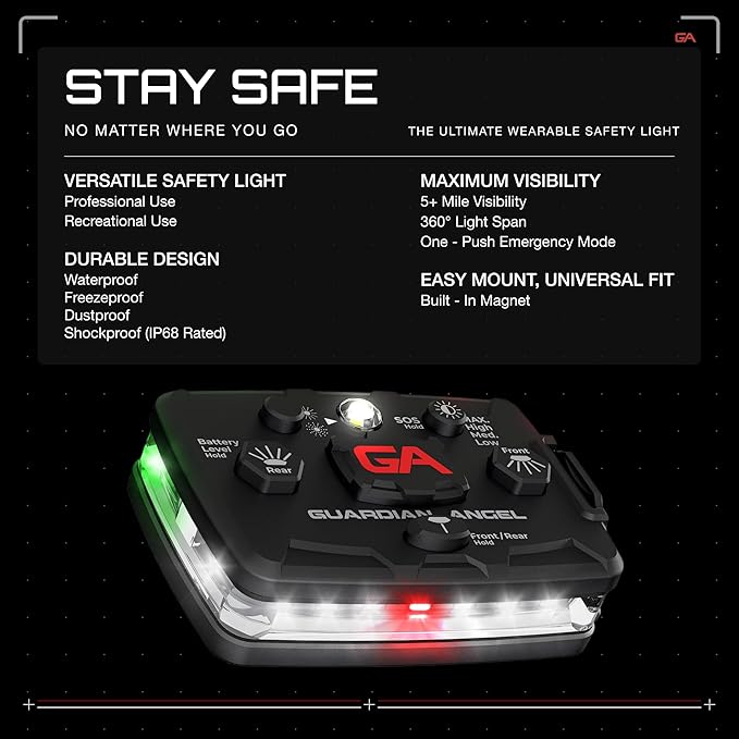 Guardian Angel Elite Series Safety Light - (White Front & Green Rear) - Rechargeable, Magnetic, Hands-Free, Wearable & Mountable LED Flashlight for Construction, Roadside, Towing & Industrial PPE