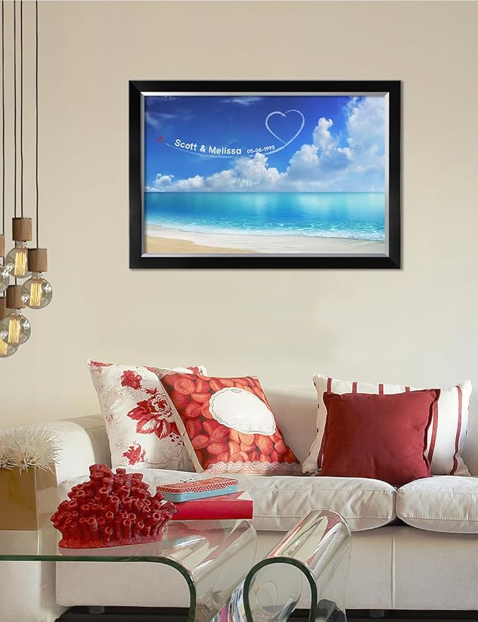 IPIC - Seaside Skywriting Personalized Artwork with Names and Date on, Customized Gift for Anniversary,Wedding,Birthday and Holidays. Framed Size:33x23