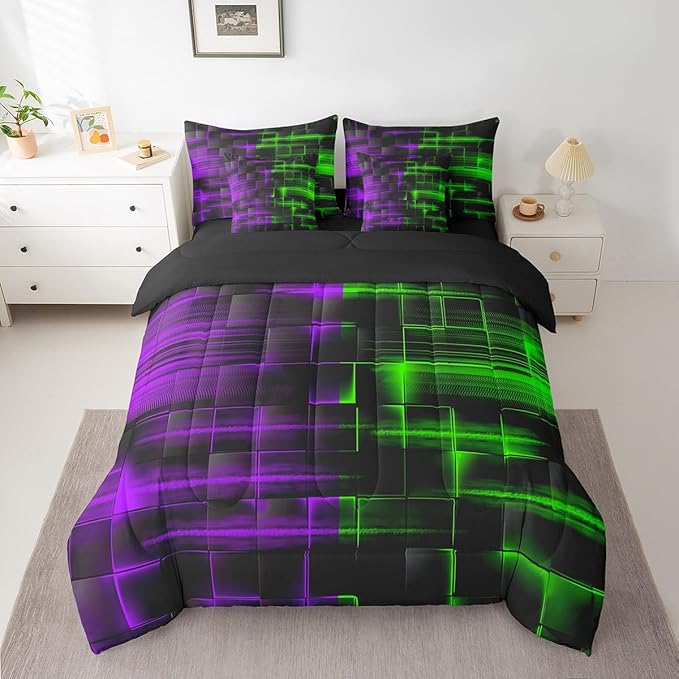 Feelyou Green and Purple Comforter Set with Sheets 7 Piece Queen Size Kids Geometric Bed in a Bag Strip Lines Bedding Set Abstract Art Bed Set with Comforter, Sheets,Cushion Covers