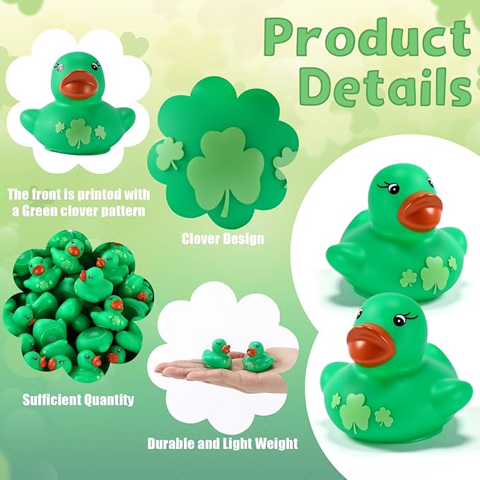 200 Pcs St. Patrick's Day Rubber Ducks Green Shamrock Rubber Duck 1.4 Inch Mini Float Toys for Pool Irish Party Favors Birthday Gift Exchange