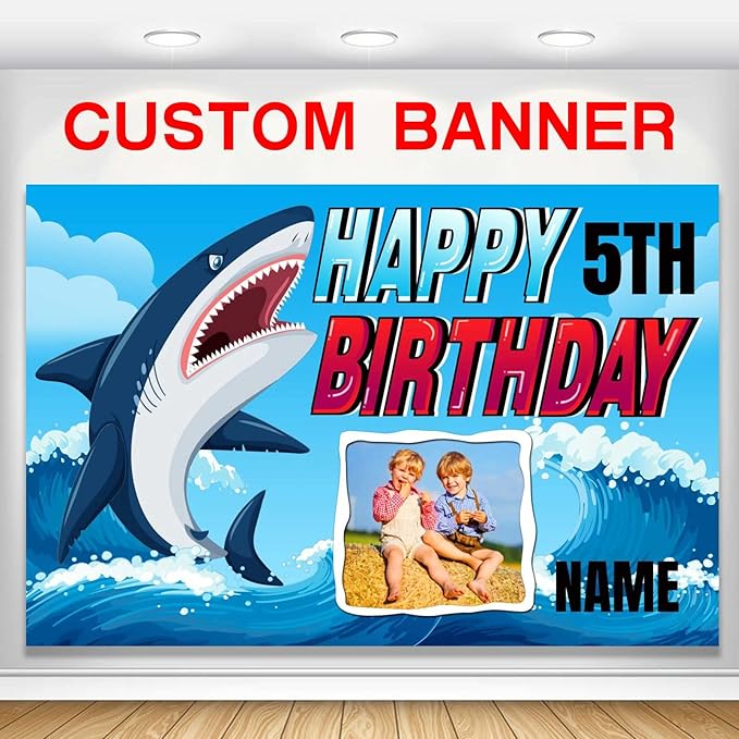 Custom Shark Happy Birthday Party Decorations Supplies Personalized Shark Ocean Themed Birthday Backdrop Banner(6x9ft)
