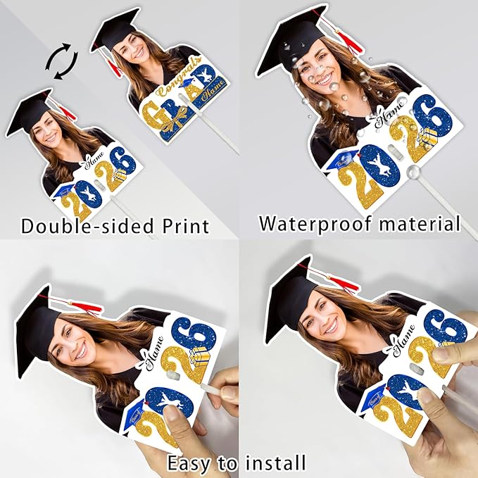 Personalized Graduation Face Fan 2026 Grade Custom Double Sided Face Cutout Fan with Handle Photo Booth Prop Party Supplies(B-Blue and Gold,24pcs)