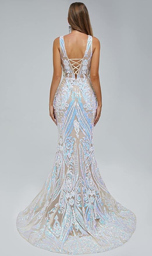 Women's Double V-Neck Sequins Lace-up Mermaid Evening Dress