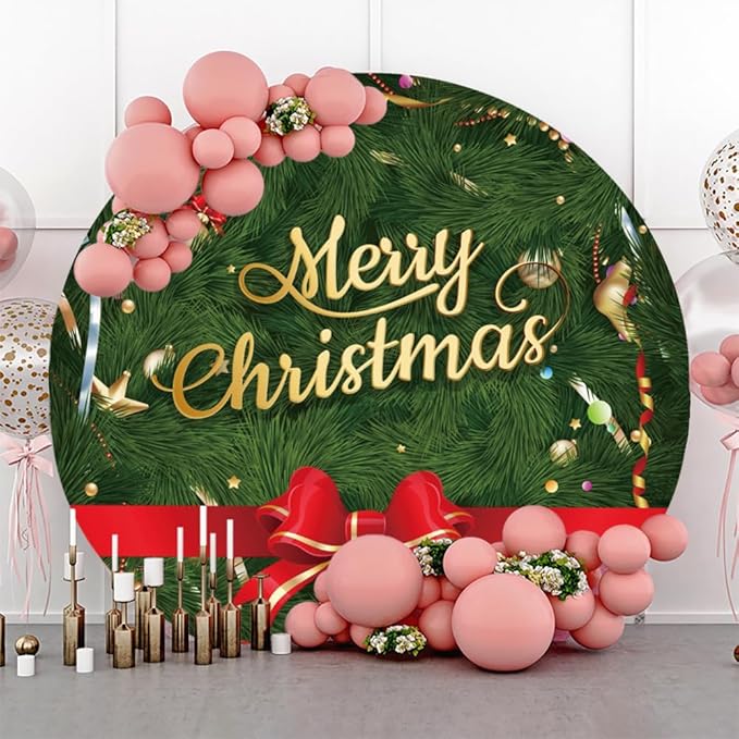 YongFoto Merry Christmas Round Backdrop Cover 6ft Green Christmas Tree Red Bowknot Circle Background Xmas Eve Happy New Year's Night Festival Carnival Family Celebration Party Banquet Decor Banner